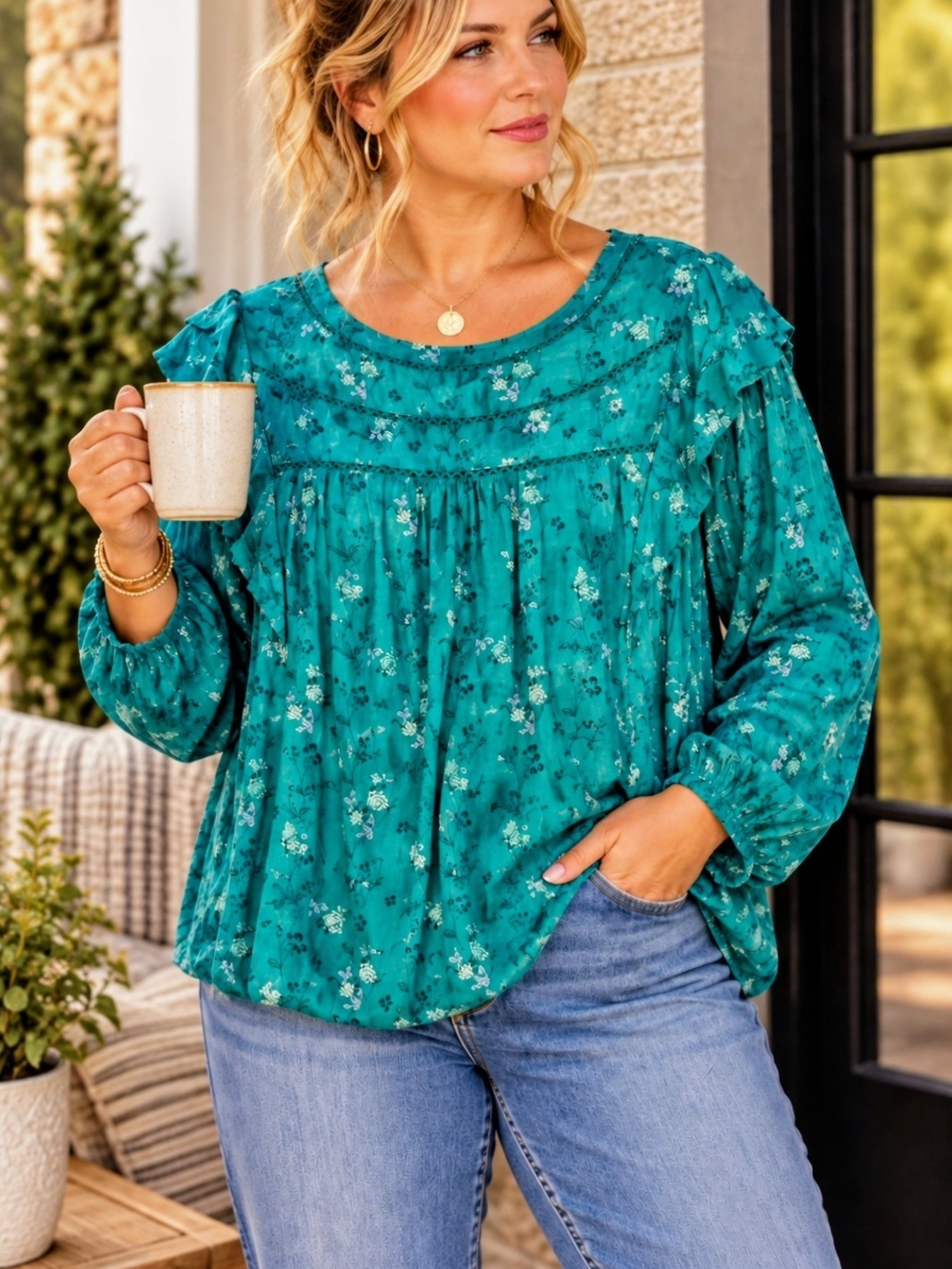 Como Vintage Teal Floral Boho Ruffle Lace Blouse Top 3X Plus Feminine Romantic